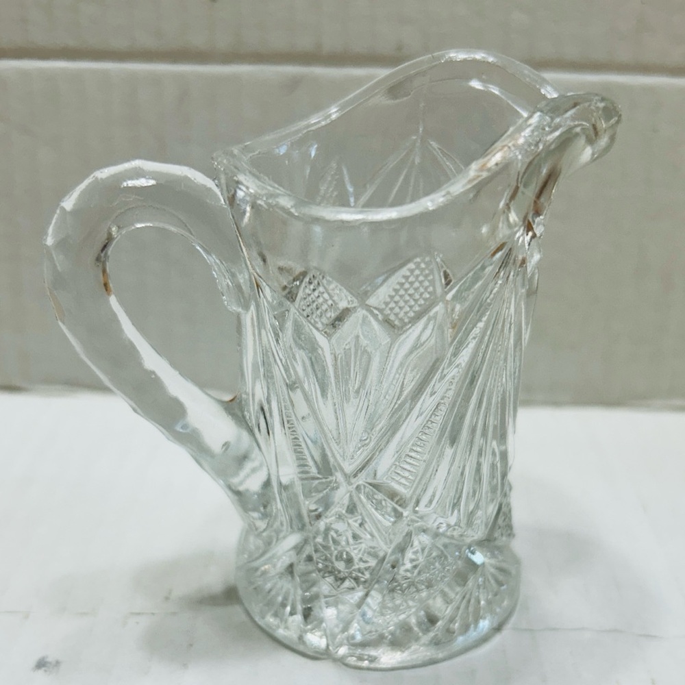 Vintage pitcher, clear glass, diamond cut, EAPG Flint glass company.